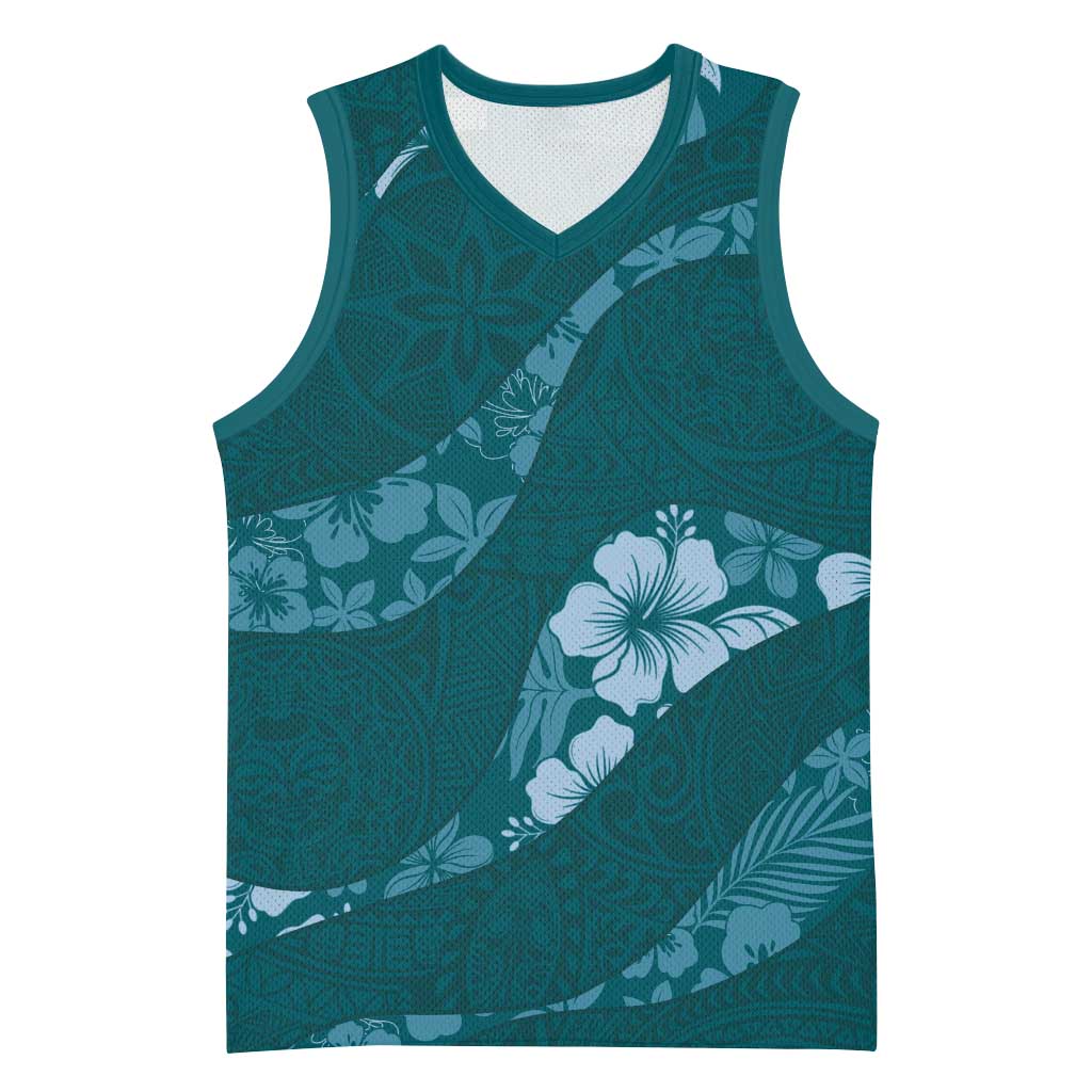 Aloha Hawaii Floral Tapa Basketball Jersey Patchwork Teal LT7 Unisex Teal - Polynesian Pride
