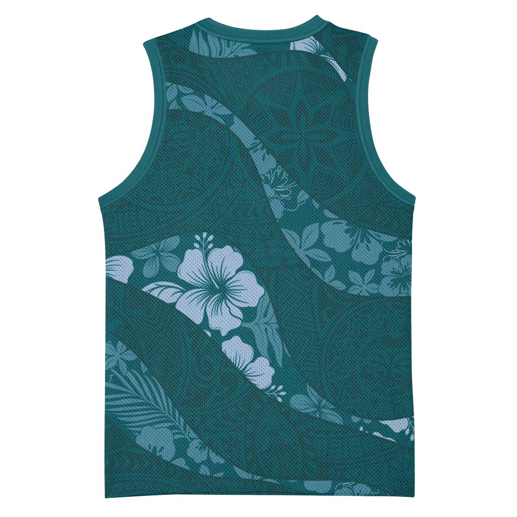Aloha Hawaii Floral Tapa Basketball Jersey Patchwork Teal LT7 - Polynesian Pride