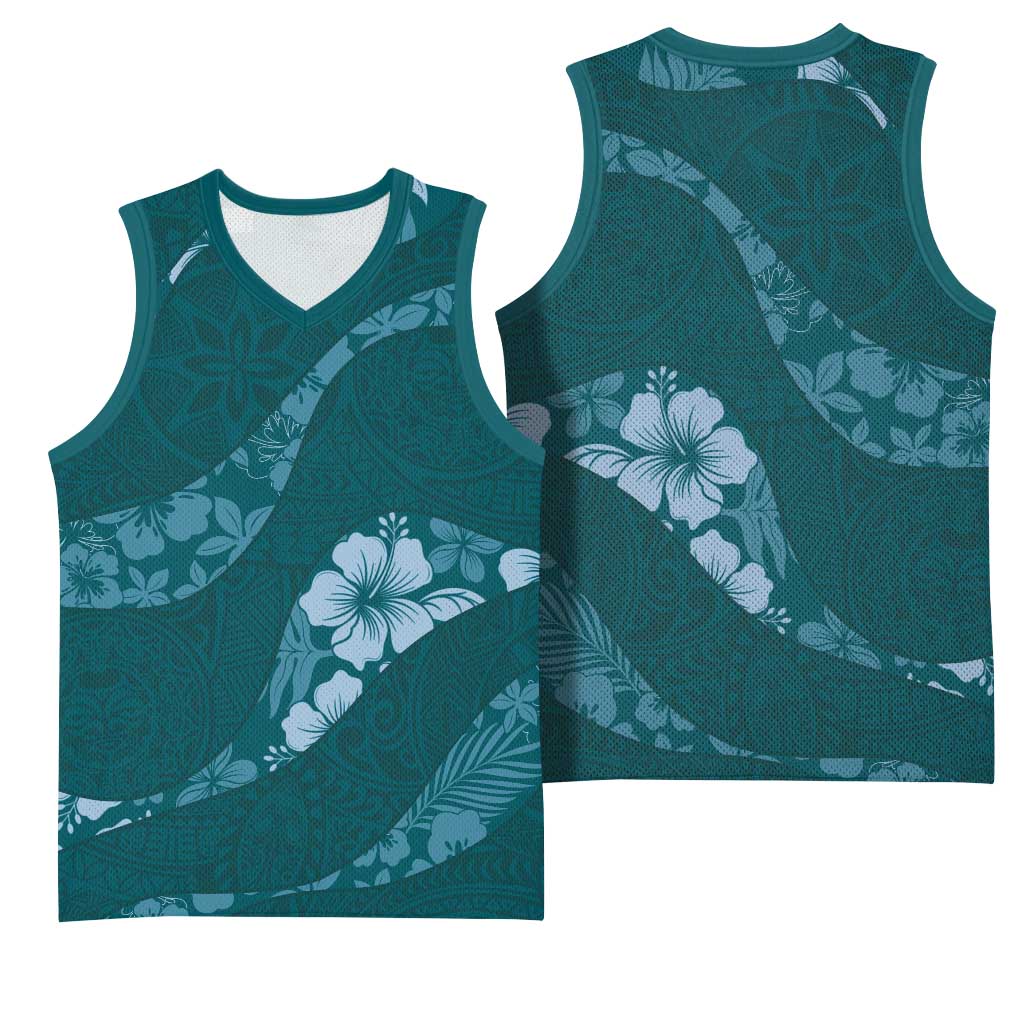 Aloha Hawaii Floral Tapa Basketball Jersey Patchwork Teal LT7 - Polynesian Pride