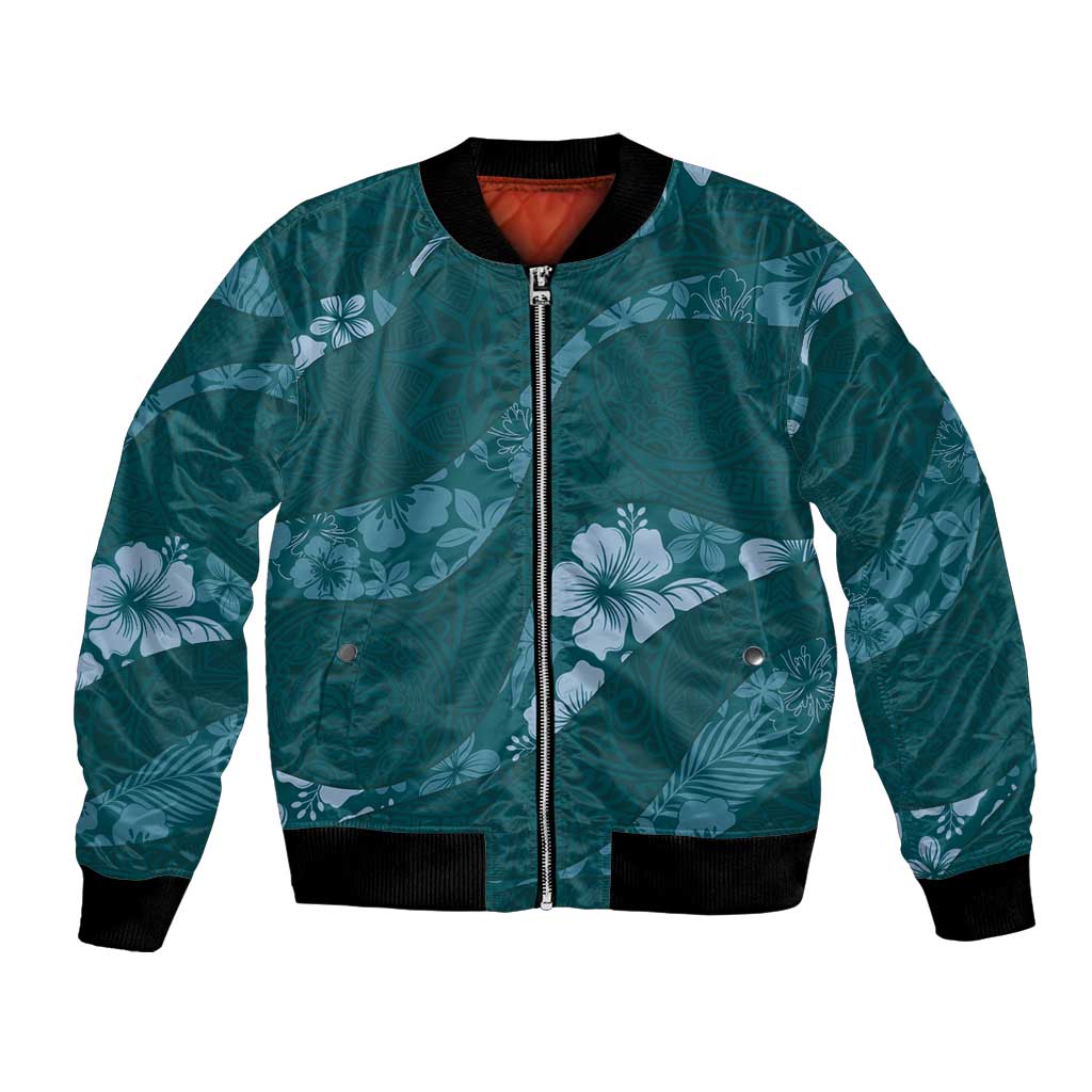 Aloha Hawaii Floral Tapa Bomber Jacket Patchwork Teal - Polynesian Pride