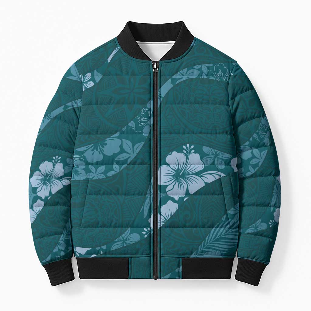Aloha Hawaii Floral Tapa Bomber Puffer Jacket Patchwork Teal LT7 Unisex Teal - Polynesian Pride