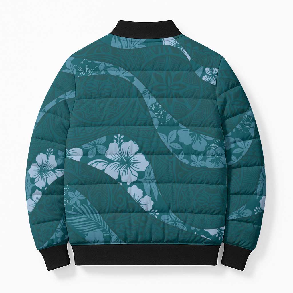 Aloha Hawaii Floral Tapa Bomber Puffer Jacket Patchwork Teal LT7 - Polynesian Pride