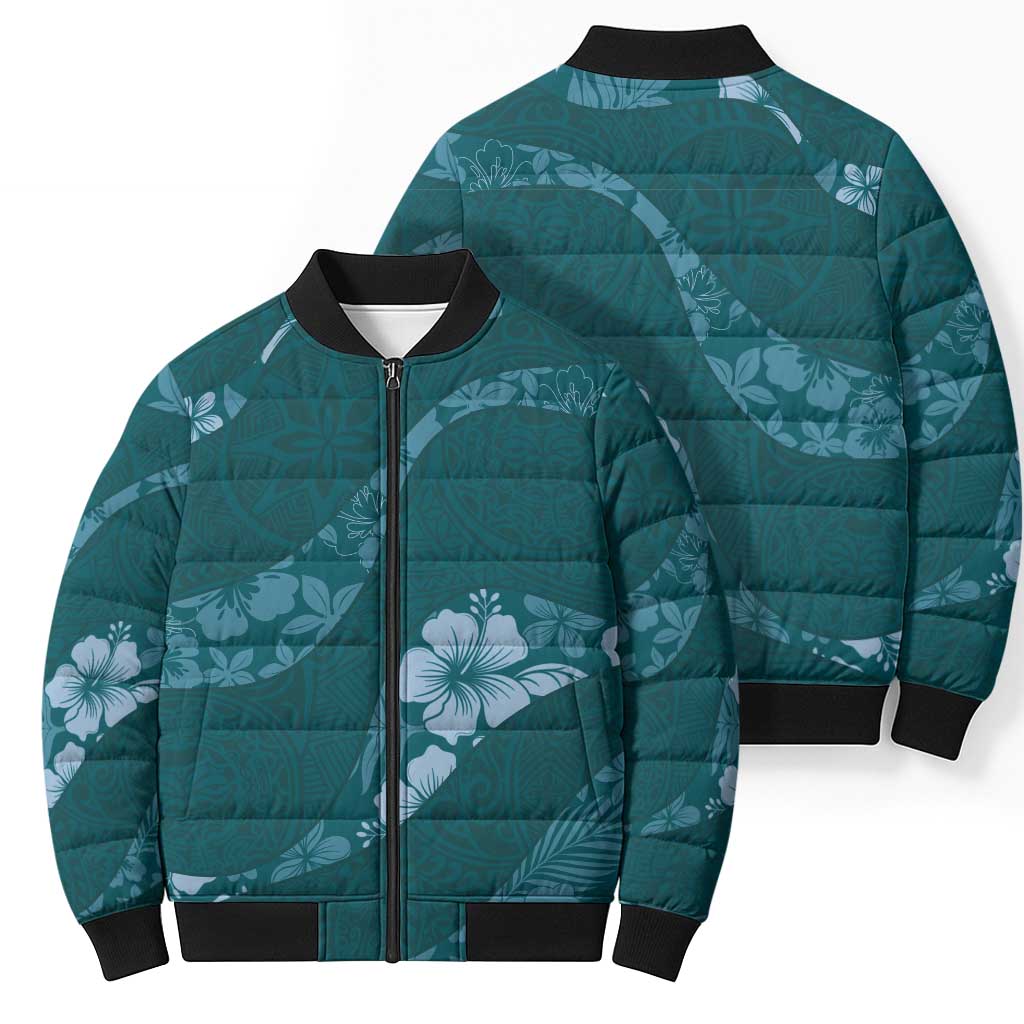 Aloha Hawaii Floral Tapa Bomber Puffer Jacket Patchwork Teal LT7 - Polynesian Pride