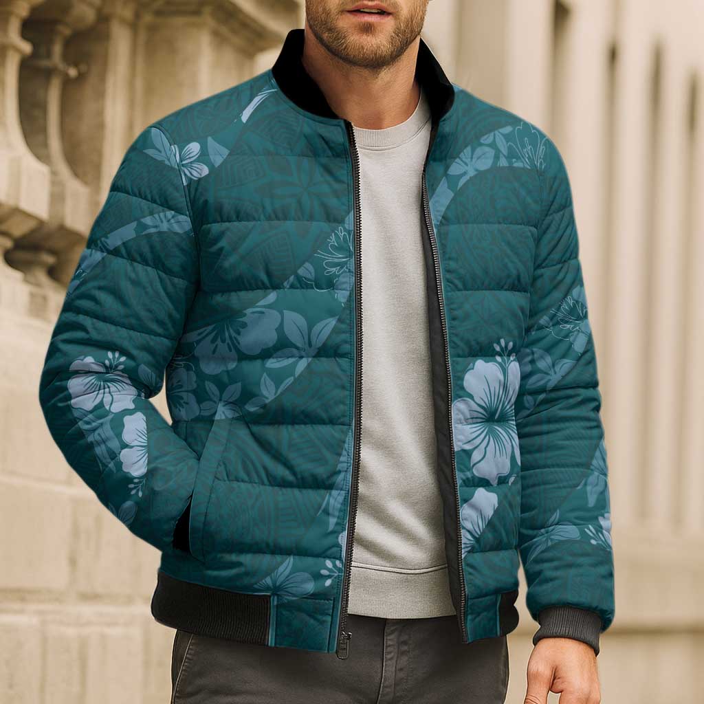 Aloha Hawaii Floral Tapa Bomber Puffer Jacket Patchwork Teal LT7 - Polynesian Pride