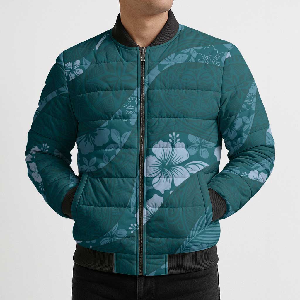 Aloha Hawaii Floral Tapa Bomber Puffer Jacket Patchwork Teal LT7 - Polynesian Pride