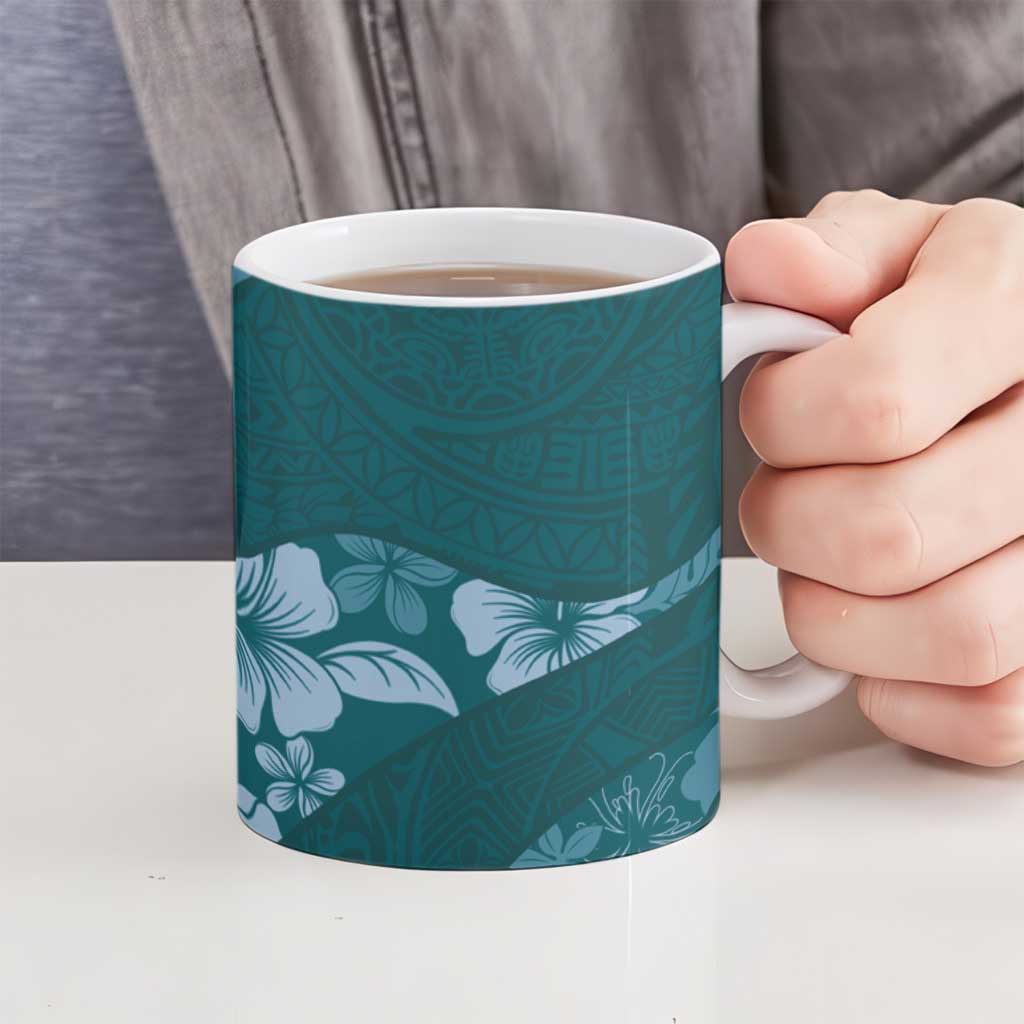 Aloha Hawaii Floral Tapa Ceramic Mug Patchwork Teal - Polynesian Pride