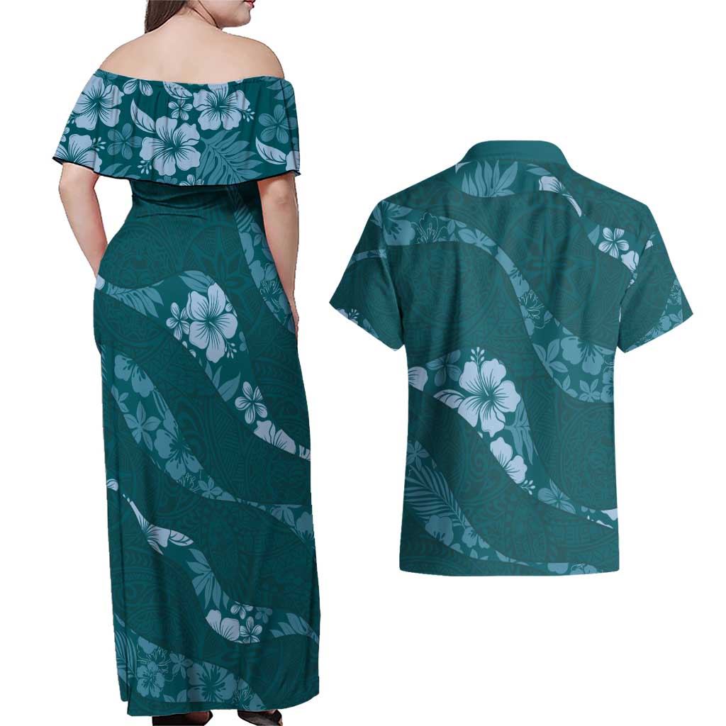 Aloha Hawaii Floral Tapa Couples Matching Off Shoulder Maxi Dress and Hawaiian Shirt Patchwork Teal - Polynesian Pride