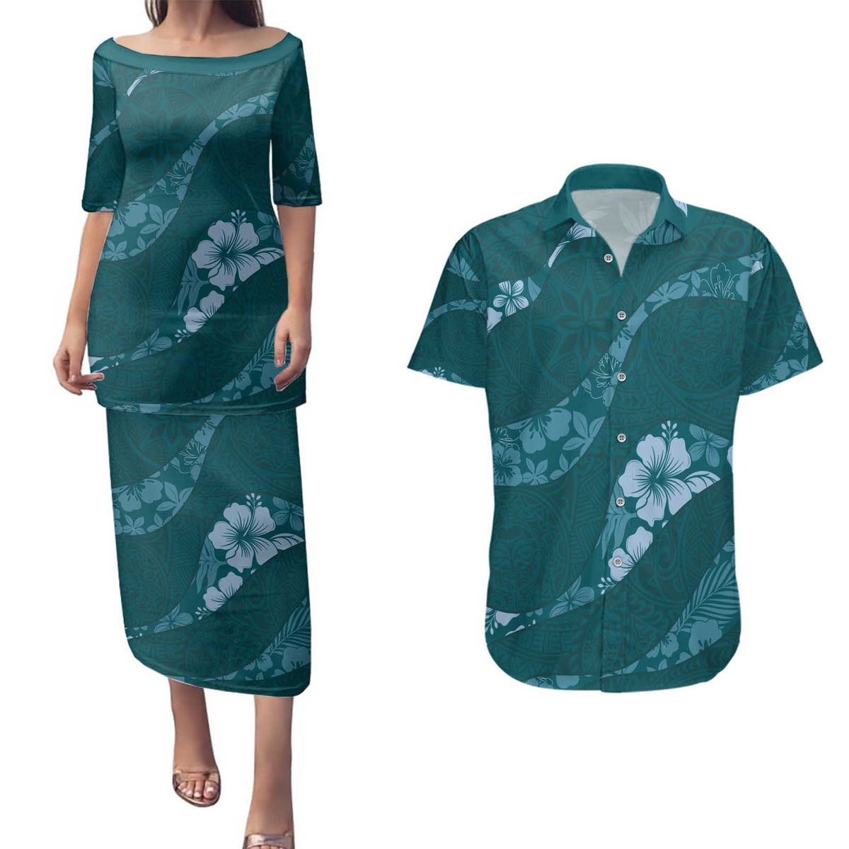 Aloha Hawaii Floral Tapa Couples Matching Puletasi and Hawaiian Shirt Patchwork Teal LT7 Teal - Polynesian Pride