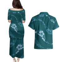 Aloha Hawaii Floral Tapa Couples Matching Puletasi and Hawaiian Shirt Patchwork Teal LT7 - Polynesian Pride