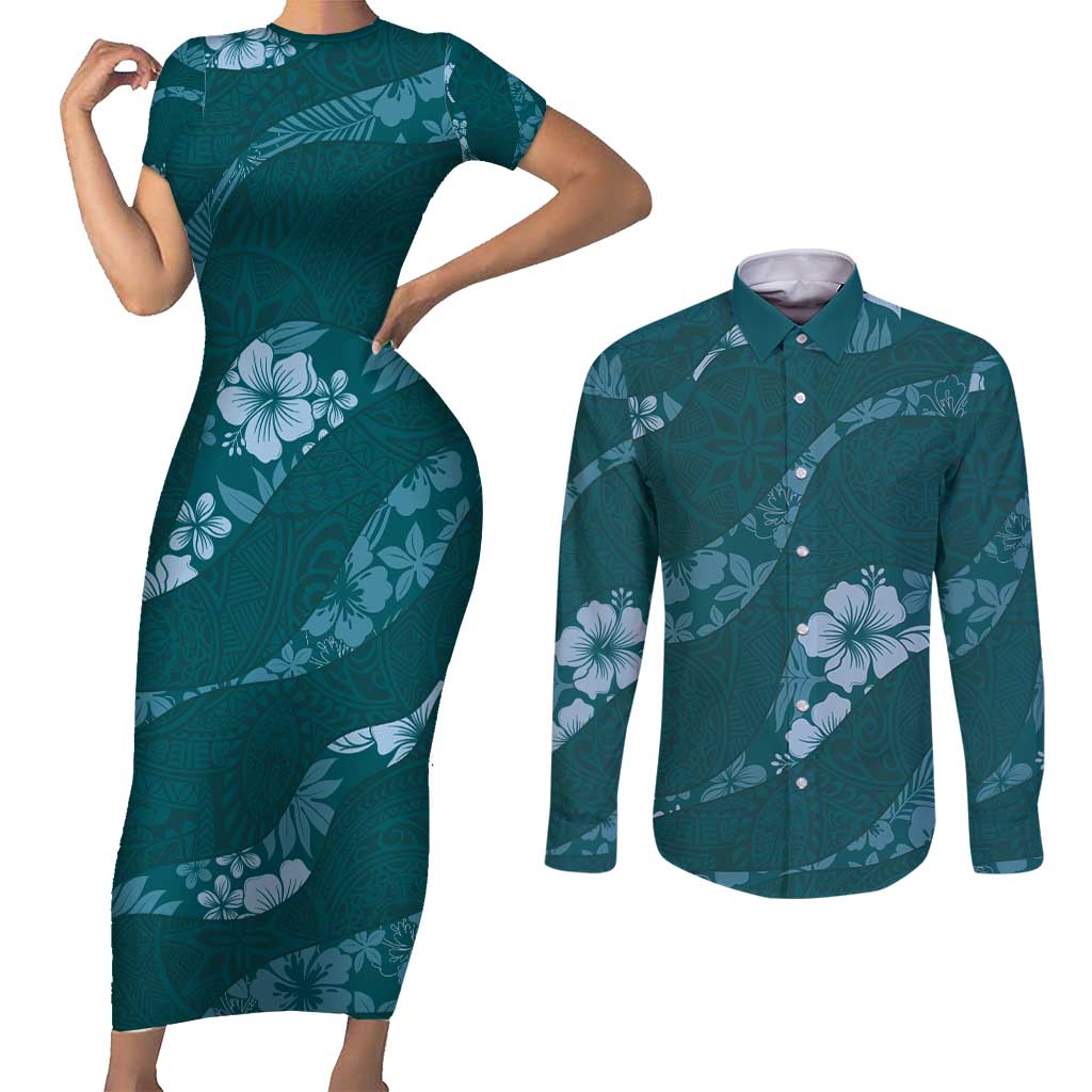 Aloha Hawaii Floral Tapa Couples Matching Short Sleeve Bodycon Dress and Long Sleeve Button Shirt Patchwork Teal - Polynesian Pride