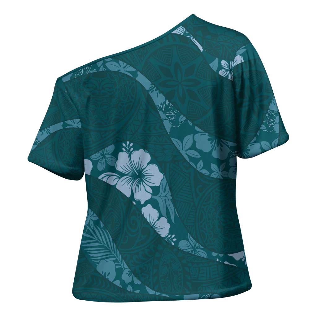 Aloha Hawaii Floral Tapa Cross Shoulder Shirt Patchwork Teal LT7 - Polynesian Pride