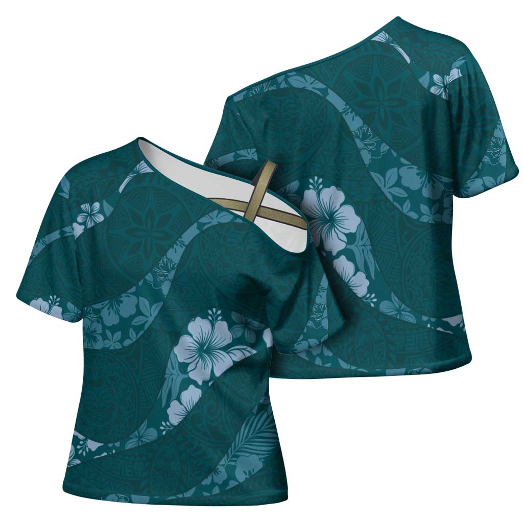 Aloha Hawaii Floral Tapa Cross Shoulder Shirt Patchwork Teal LT7 - Polynesian Pride