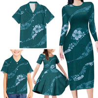 Aloha Hawaii Floral Tapa Family Matching Long Sleeve Bodycon Dress and Hawaiian Shirt Patchwork Teal - Polynesian Pride