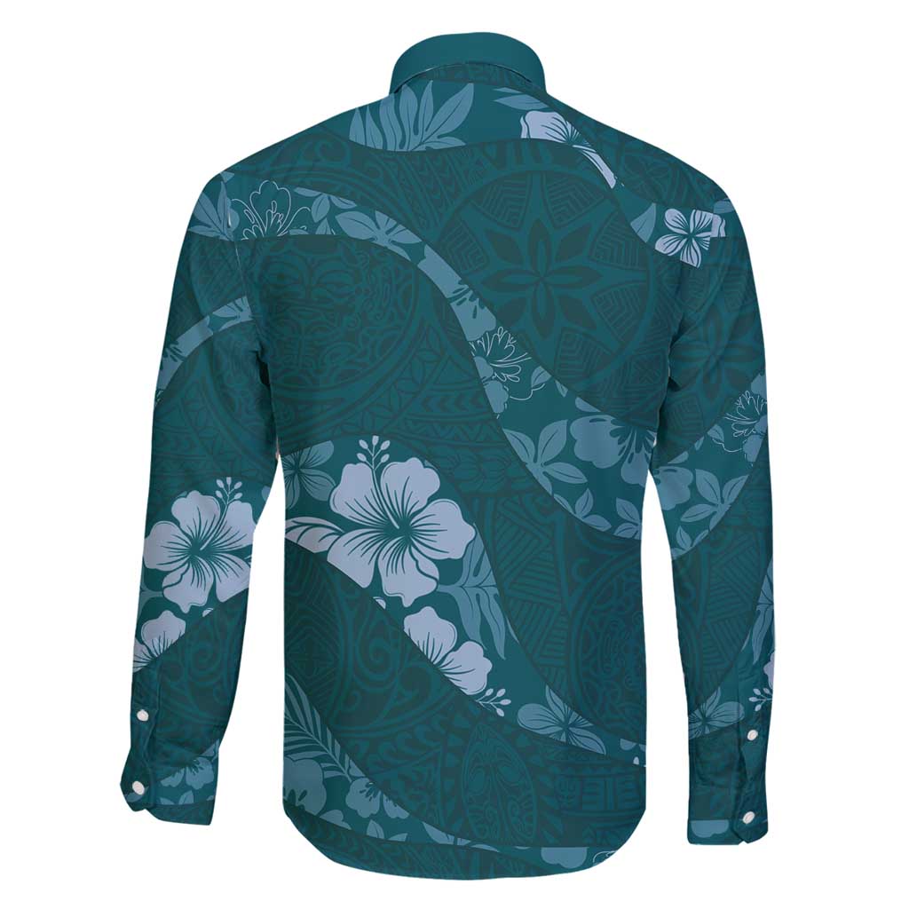Aloha Hawaii Floral Tapa Family Matching Long Sleeve Bodycon Dress and Hawaiian Shirt Patchwork Teal - Polynesian Pride
