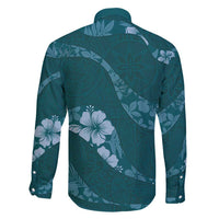 Aloha Hawaii Floral Tapa Family Matching Long Sleeve Bodycon Dress and Hawaiian Shirt Patchwork Teal - Polynesian Pride