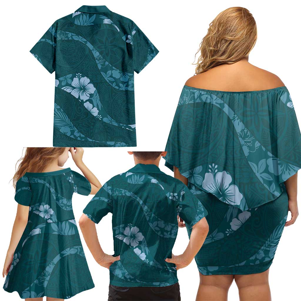 Aloha Hawaii Floral Tapa Family Matching Off Shoulder Short Dress and Hawaiian Shirt Patchwork Teal - Polynesian Pride