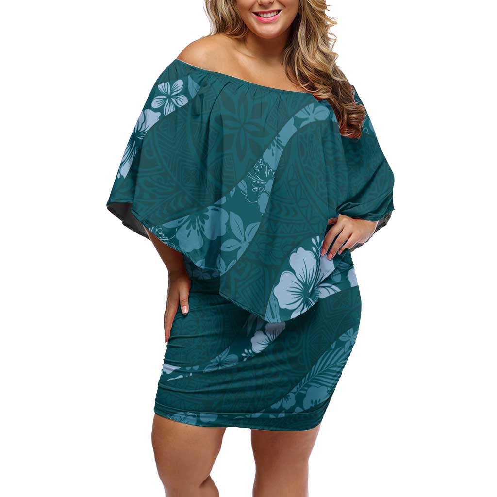 Aloha Hawaii Floral Tapa Family Matching Off Shoulder Short Dress and Hawaiian Shirt Patchwork Teal - Polynesian Pride