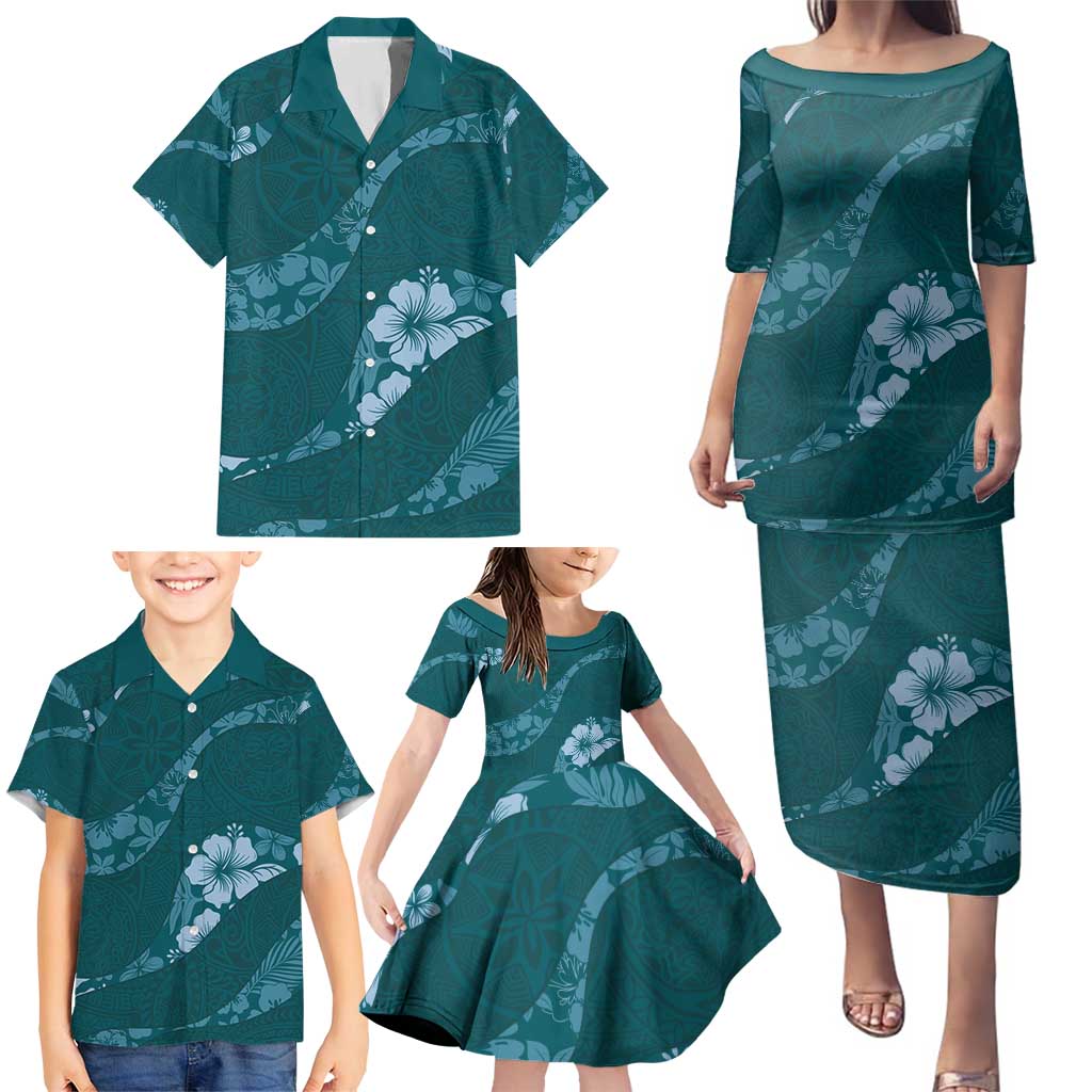 Aloha Hawaii Floral Tapa Family Matching Puletasi and Hawaiian Shirt Patchwork Teal LT7 - Polynesian Pride
