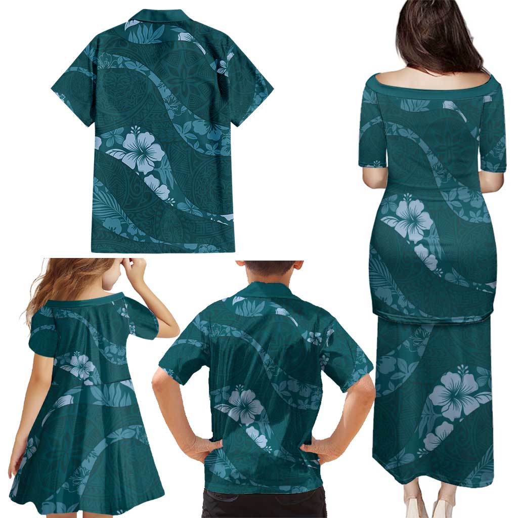 Aloha Hawaii Floral Tapa Family Matching Puletasi and Hawaiian Shirt Patchwork Teal LT7 - Polynesian Pride