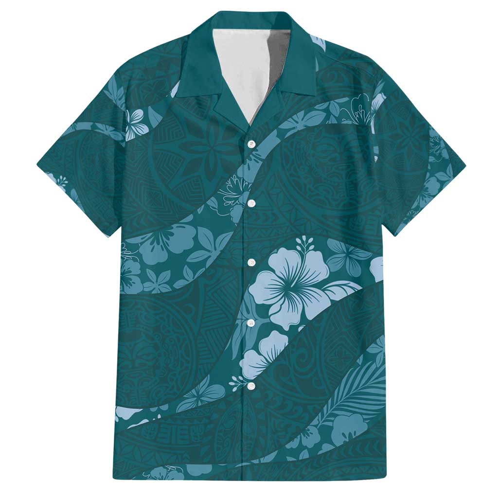 Aloha Hawaii Floral Tapa Family Matching Puletasi and Hawaiian Shirt Patchwork Teal LT7 Dad's Shirt - Short Sleeve Teal - Polynesian Pride
