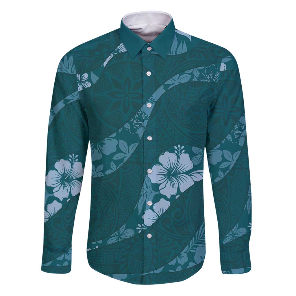 Aloha Hawaii Floral Tapa Family Matching Puletasi and Hawaiian Shirt Patchwork Teal LT7 Dad's Shirt - Long Sleeve Teal - Polynesian Pride