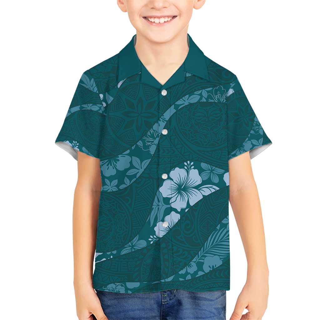 Aloha Hawaii Floral Tapa Family Matching Puletasi and Hawaiian Shirt Patchwork Teal LT7 Son's Shirt Teal - Polynesian Pride