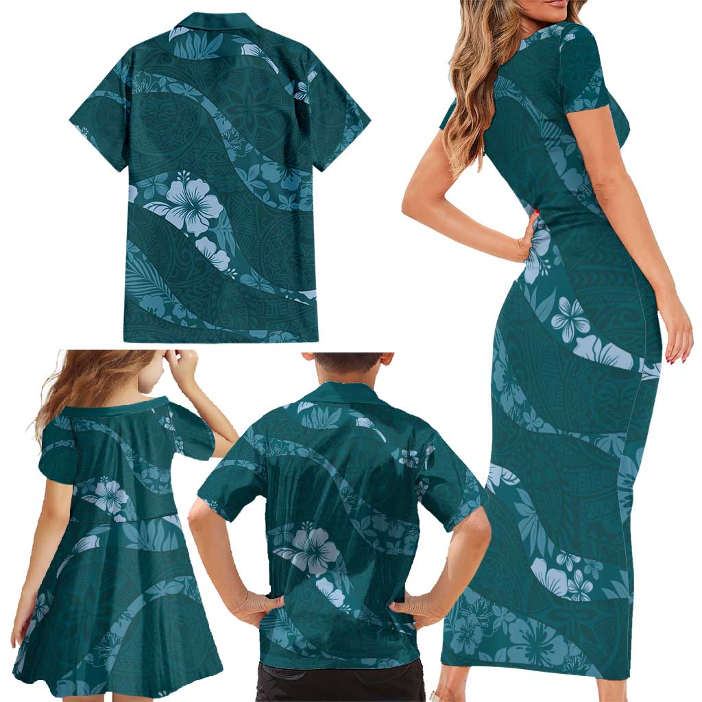 Aloha Hawaii Floral Tapa Family Matching Short Sleeve Bodycon Dress and Hawaiian Shirt Patchwork Teal - Polynesian Pride