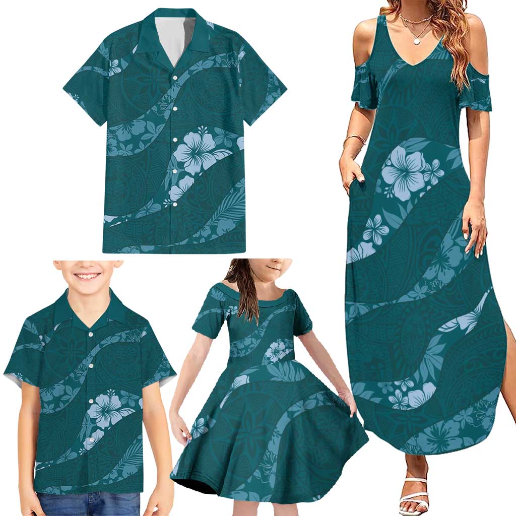 Aloha Hawaii Floral Tapa Family Matching Summer Maxi Dress and Hawaiian Shirt Patchwork Teal - Polynesian Pride