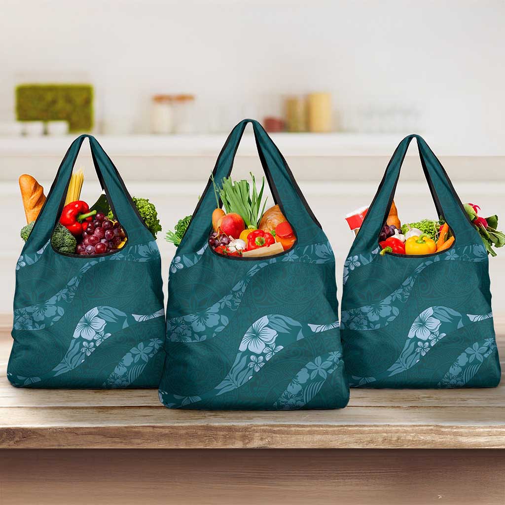 Aloha Hawaii Floral Tapa Grocery Bag Patchwork Teal LT7 3-pack One Size Teal - Polynesian Pride