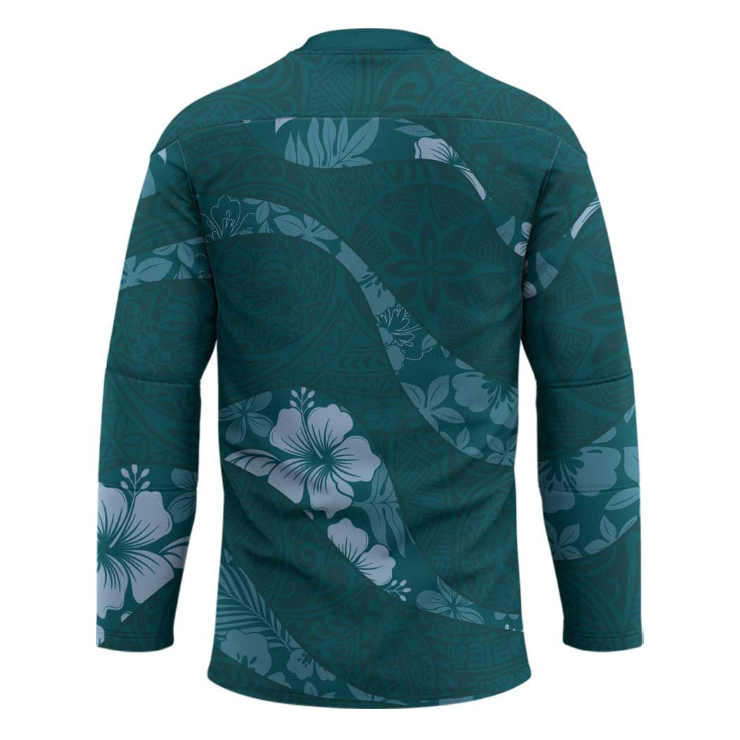 Aloha Hawaii Floral Tapa Hockey Jersey Patchwork Teal - Polynesian Pride