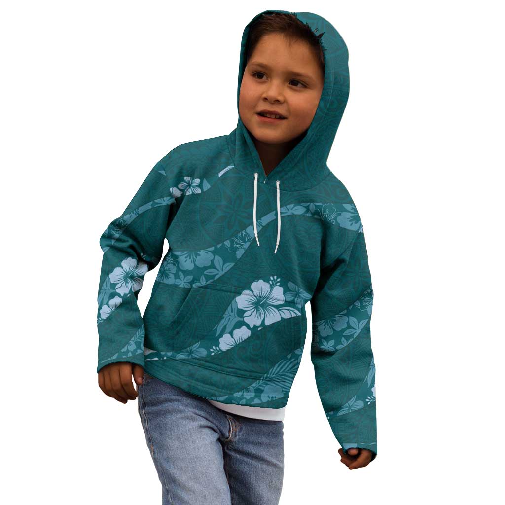 Aloha Hawaii Floral Tapa Kid Hoodie Patchwork Teal - Polynesian Pride