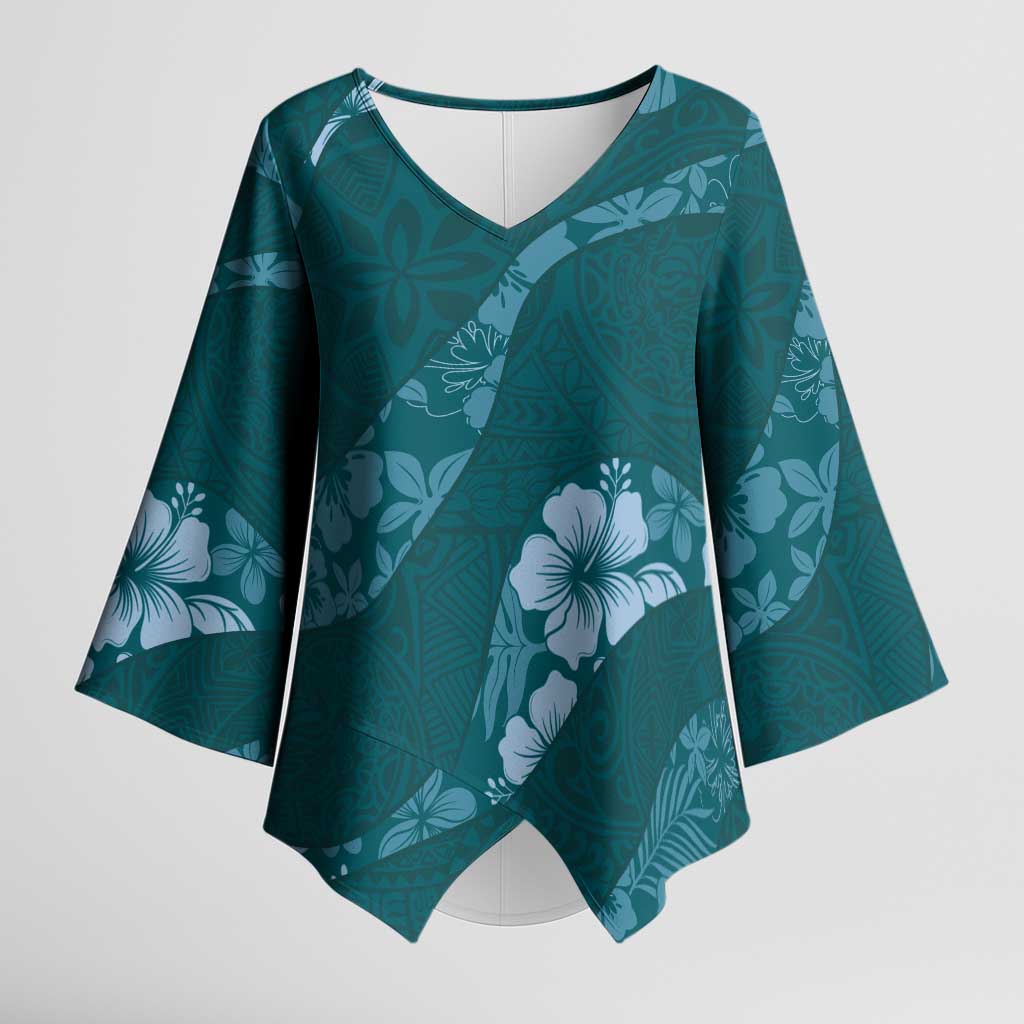 Aloha Hawaii Floral Tapa Kimono Sleeve Blouse Patchwork Teal - Polynesian Pride