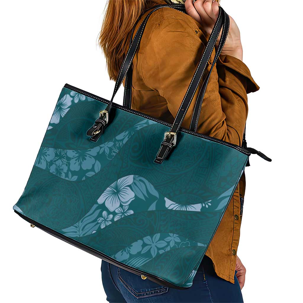 Aloha Hawaii Floral Tapa Leather Tote Bag Patchwork Teal - Polynesian Pride