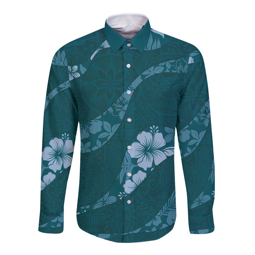 Aloha Hawaii Floral Tapa Long Sleeve Button Shirt Patchwork Teal LT7 Unisex Teal - Polynesian Pride