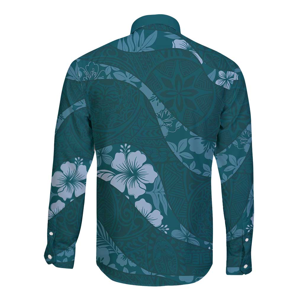 Aloha Hawaii Floral Tapa Long Sleeve Button Shirt Patchwork Teal LT7 - Polynesian Pride