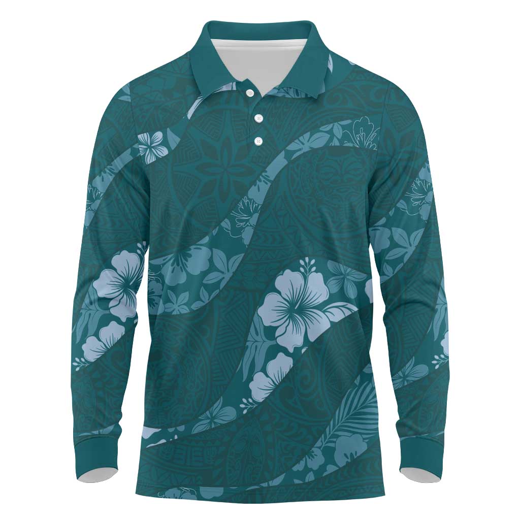 Aloha Hawaii Floral Tapa Long Sleeve Polo Shirt Patchwork Teal LT7 Teal - Polynesian Pride