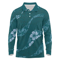 Aloha Hawaii Floral Tapa Long Sleeve Polo Shirt Patchwork Teal LT7 Teal - Polynesian Pride