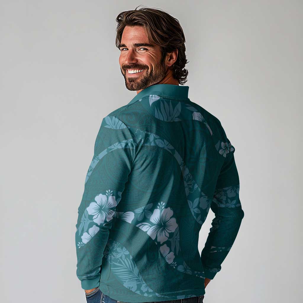 Aloha Hawaii Floral Tapa Long Sleeve Polo Shirt Patchwork Teal LT7 - Polynesian Pride