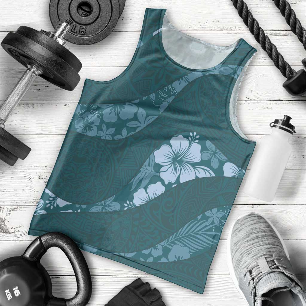 Aloha Hawaii Floral Tapa Men Tank Top Patchwork Teal LT7 - Polynesian Pride