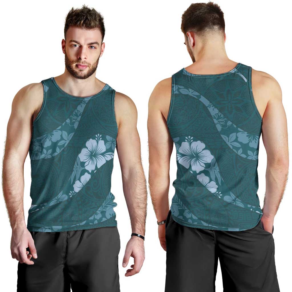 Aloha Hawaii Floral Tapa Men Tank Top Patchwork Teal LT7 - Polynesian Pride