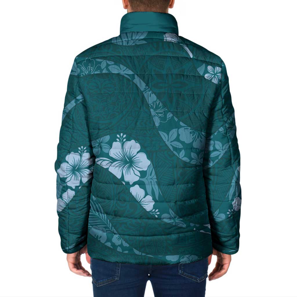 Aloha Hawaii Floral Tapa Padded Jacket Patchwork Teal LT7 - Polynesian Pride