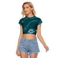 Aloha Hawaii Floral Tapa Raglan Cropped T Shirt Patchwork Teal - Polynesian Pride