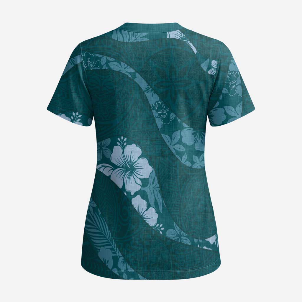 Aloha Hawaii Floral Tapa Scrub Top Patchwork Teal - Polynesian Pride
