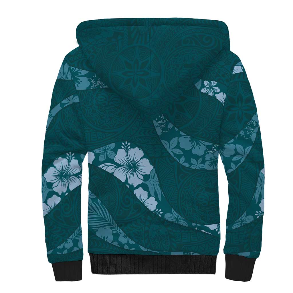Aloha Hawaii Floral Tapa Sherpa Hoodie Patchwork Teal LT7 - Polynesian Pride