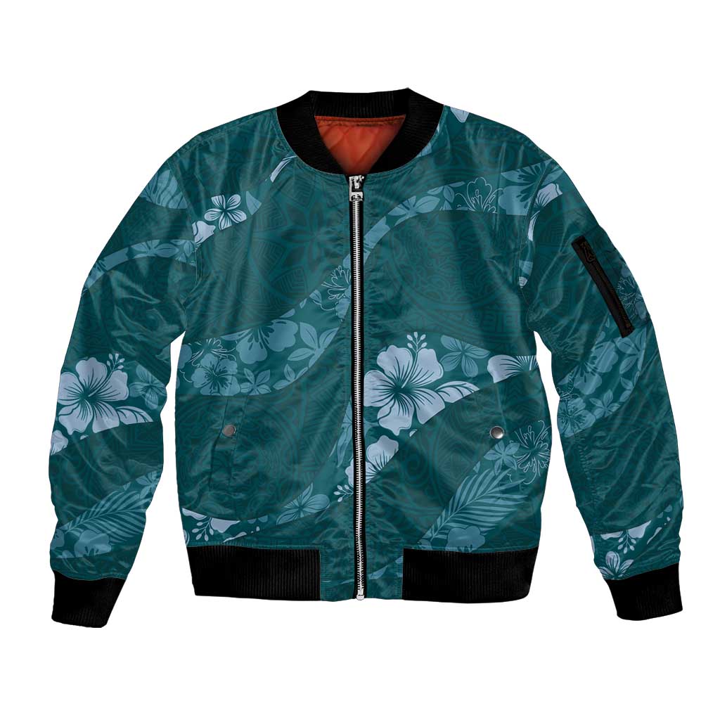 Aloha Hawaii Floral Tapa Sleeve Zip Bomber Jacket Patchwork Teal - Polynesian Pride