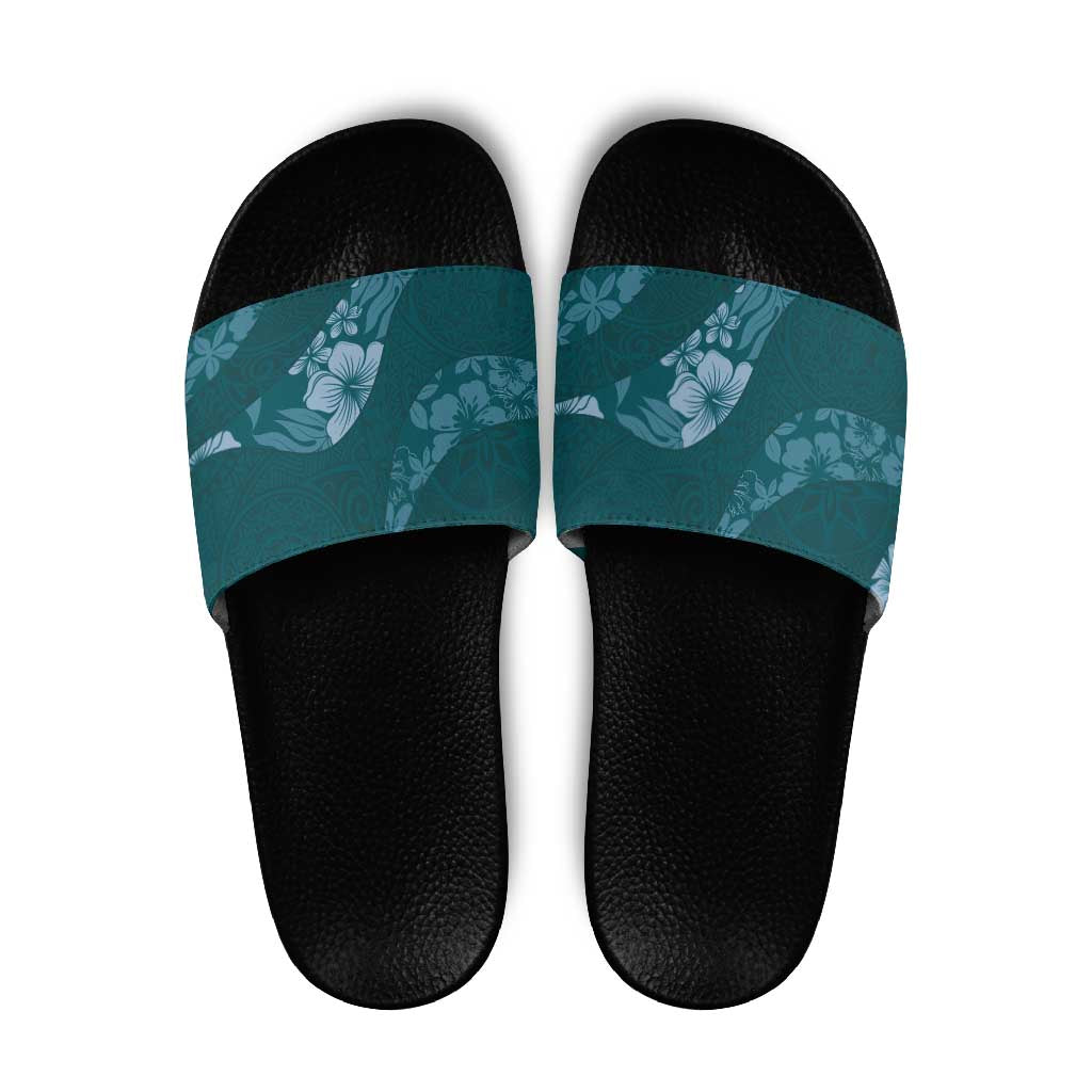 Aloha Hawaii Floral Tapa Slide Sandals Patchwork Teal - Polynesian Pride