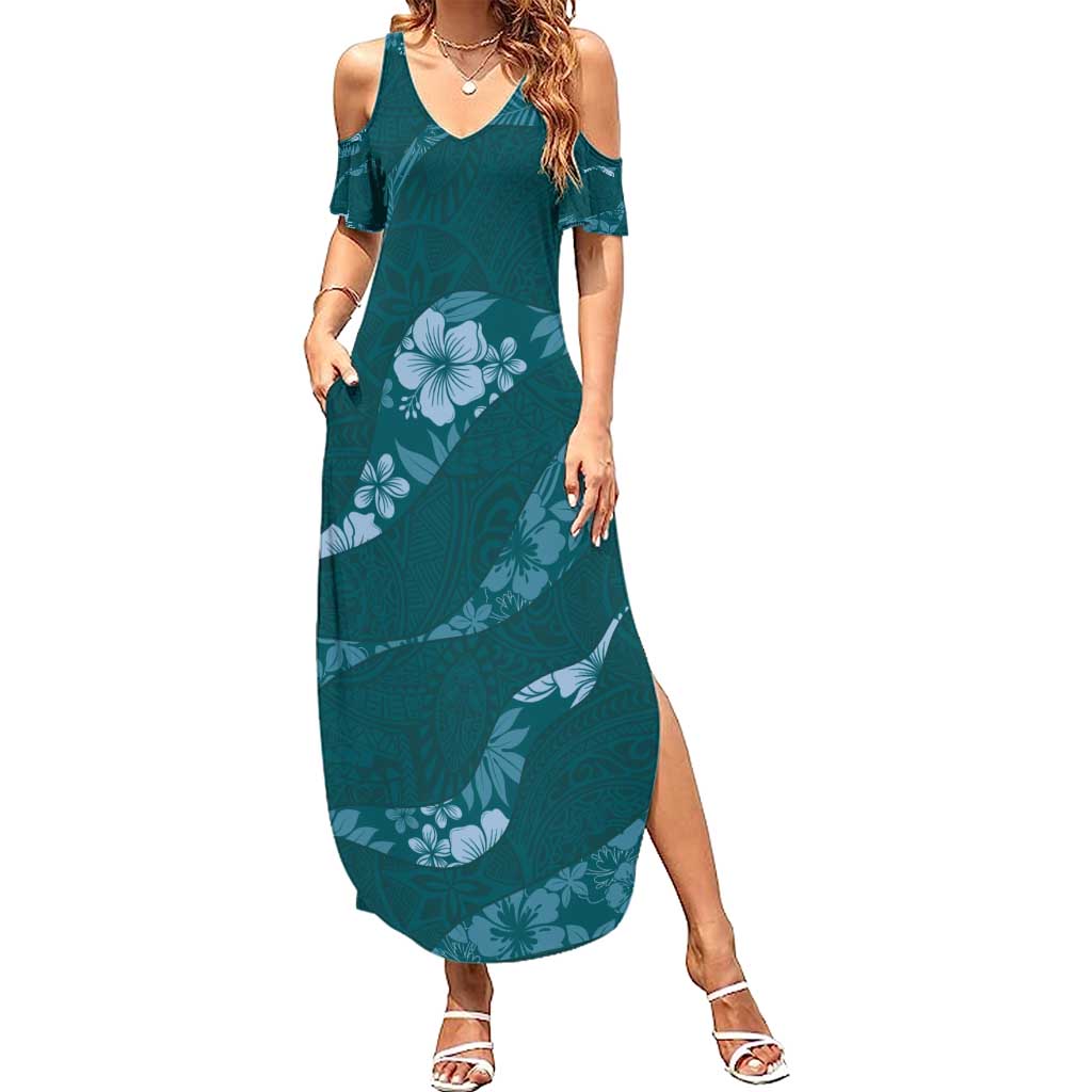 Aloha Hawaii Floral Tapa Summer Maxi Dress Patchwork Teal - Polynesian Pride