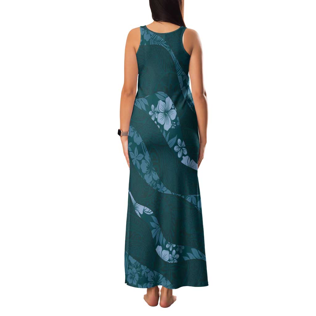 Aloha Hawaii Floral Tapa Tank Maxi Dress Patchwork Teal - Polynesian Pride