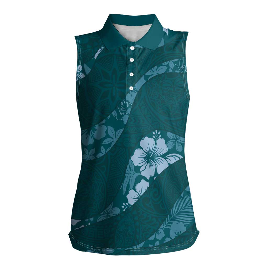 Aloha Hawaii Floral Tapa Women Sleeveless Polo Shirt Patchwork Teal LT7 Female Teal - Polynesian Pride