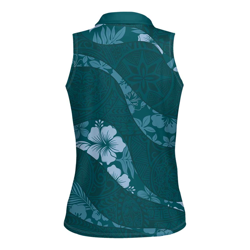 Aloha Hawaii Floral Tapa Women Sleeveless Polo Shirt Patchwork Teal LT7 - Polynesian Pride